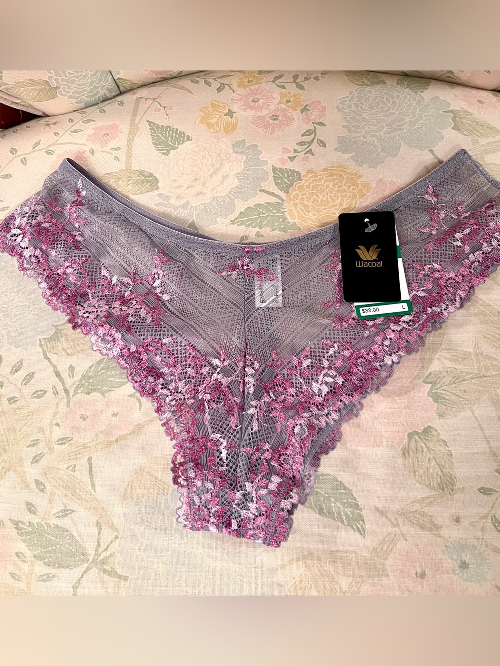 Wacoal Embrace Lace Gray & Pink Bikini Panty Size L NWT